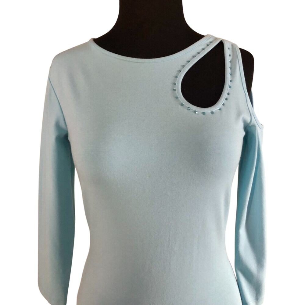 Cache Stretch Sky Blue Rhinestone 1 Cold Shoulder Top Size S Embellished $98 NWT